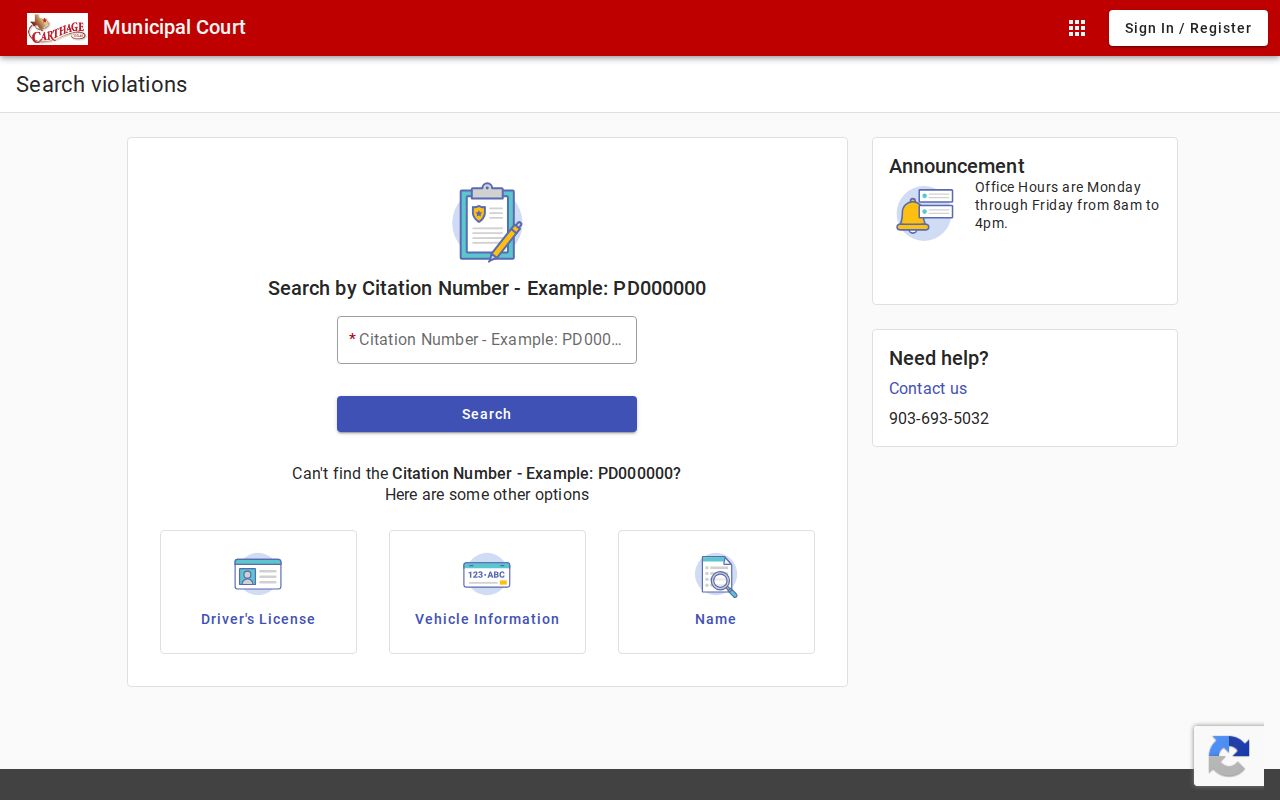Carthage criminal history municipal citation search interface in Panola County