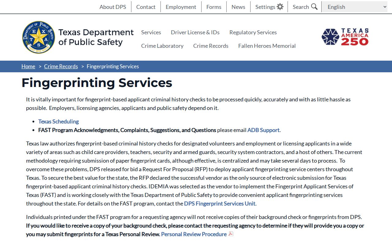 Panola County criminal history FAST fingerprinting page