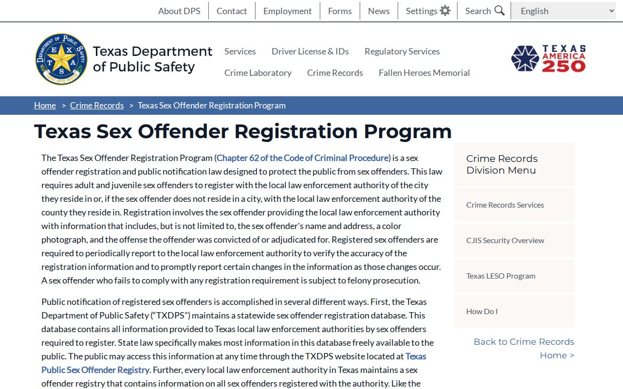 Texas registration program information for Panola County sex offender records