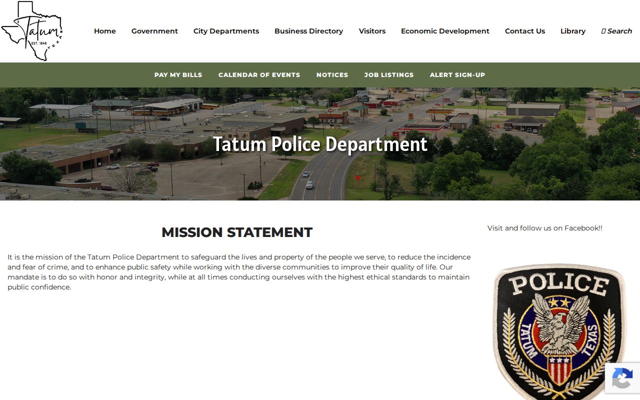 Tatum criminal history contact information in Panola County on the Police Department page
